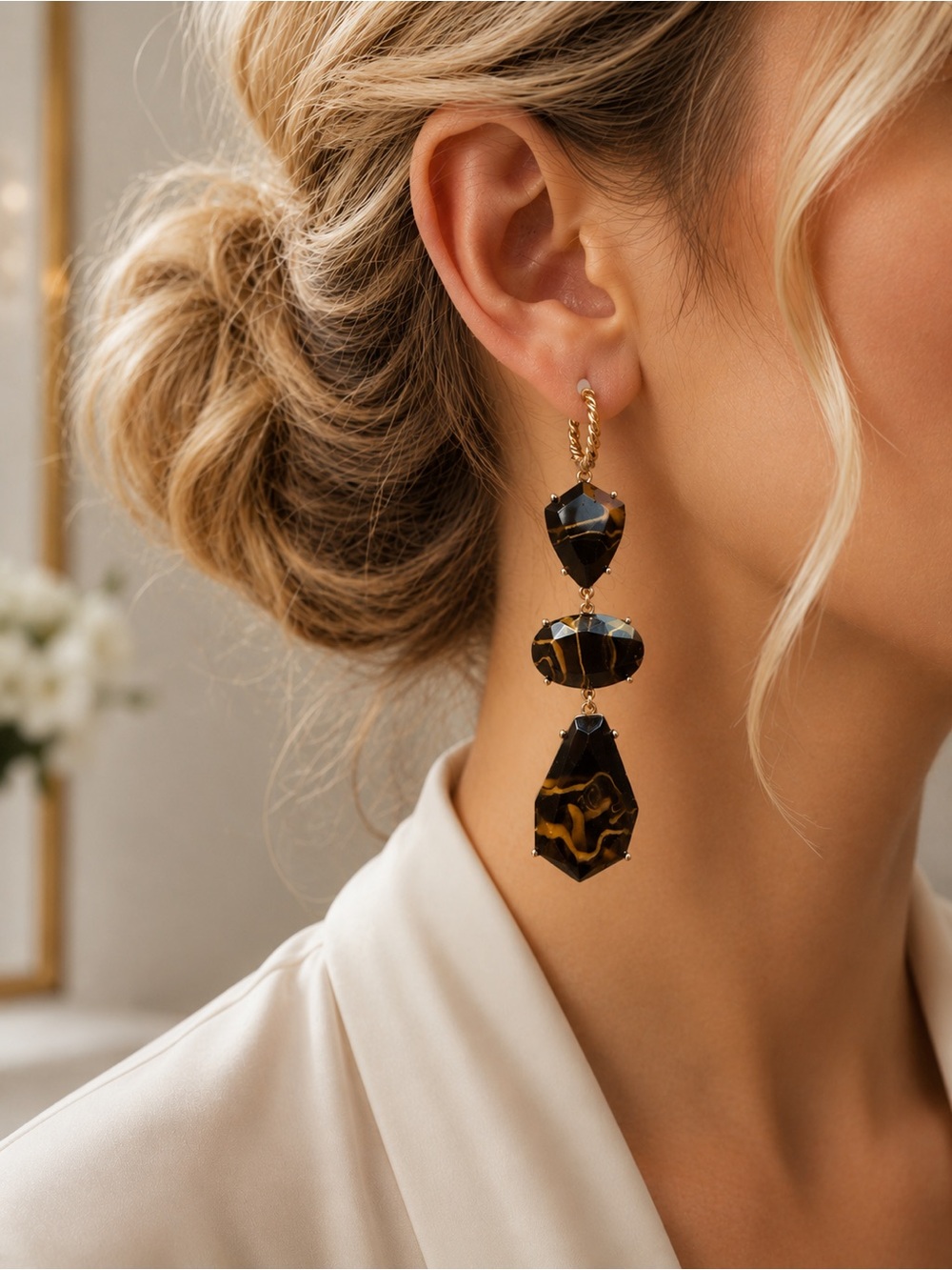 Anthropologie Gold-Tone Earrings with Brown Marbled Beads